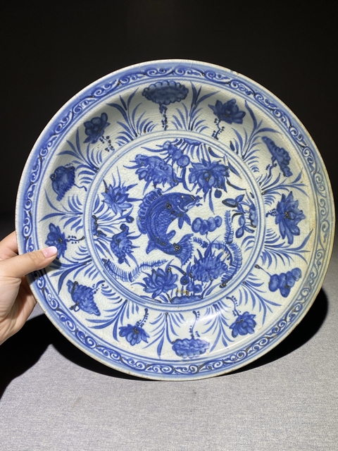 古玩陶瓷魚藻紋青花盤真品鑒賞圖