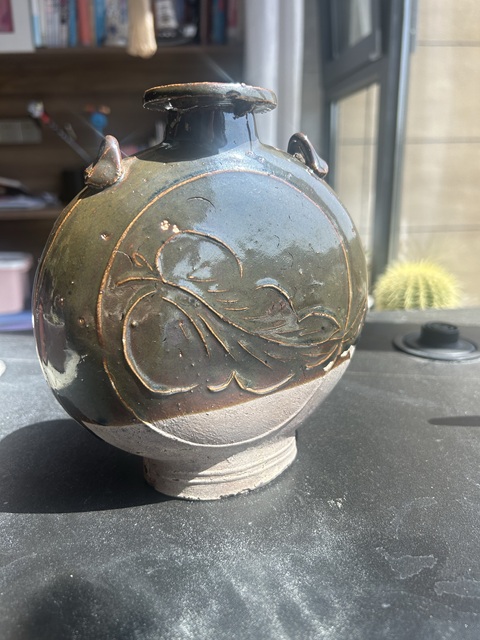 古玩陶瓷清晚·褐釉模印蕉葉紋扁壺拍賣，當前價格970元