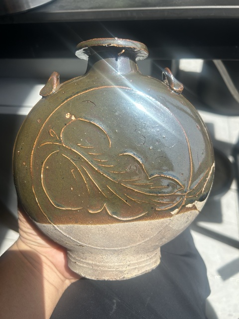 古玩陶瓷清晚·褐釉模印蕉葉紋扁壺拍賣，當前價格970元