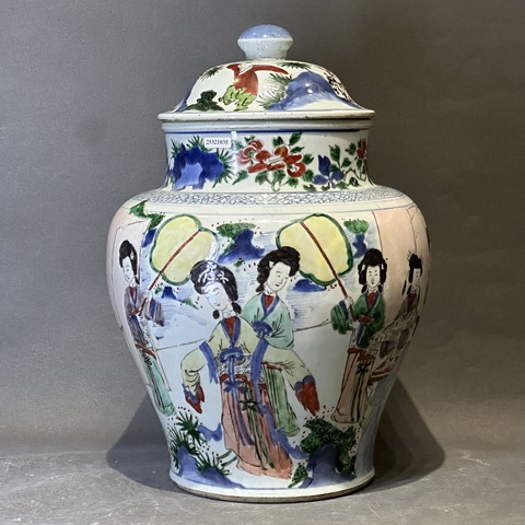 古玩陶瓷清順治 青花五彩人物紋將軍罐真品鑒賞圖