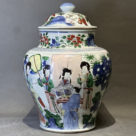古玩陶瓷清順治 青花五彩人物紋將軍罐真品鑒賞圖