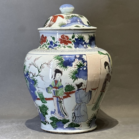 古玩陶瓷清順治 青花五彩人物紋將軍罐真品鑒賞圖