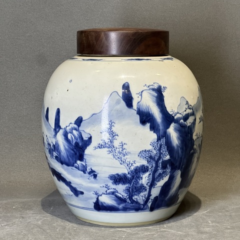 古玩陶瓷青花山水紋罐真品鑒賞圖