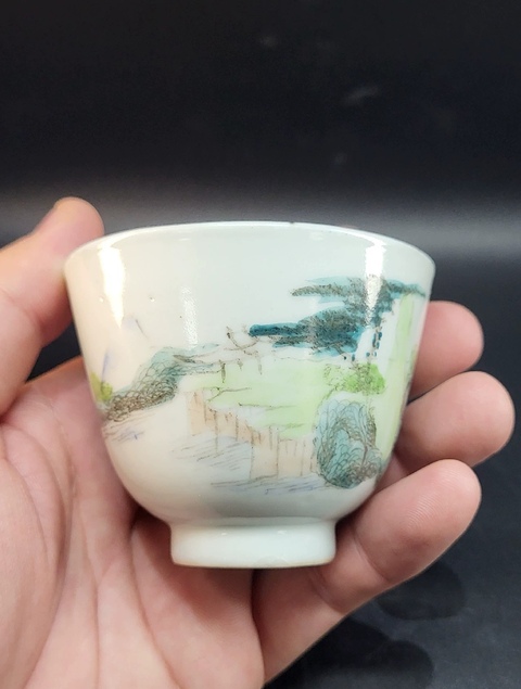 古玩陶瓷民國 青綠山水紋杯真品鑒賞圖