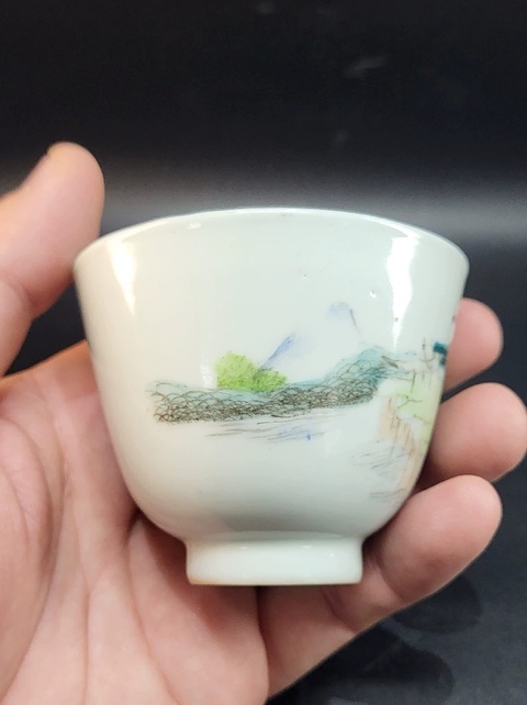 古玩陶瓷民國 青綠山水紋杯真品鑒賞圖