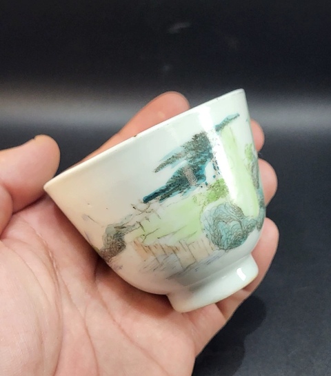 古玩陶瓷民國 青綠山水紋杯真品鑒賞圖