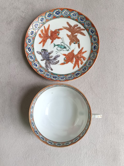 古玩陶瓷粉彩描金金魚紋杯碟拍賣,當前價格1680元