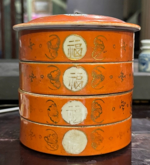 古玩陶瓷珊湖紅釉描金開光吉語紋疊盒拍賣,當前價格3500元