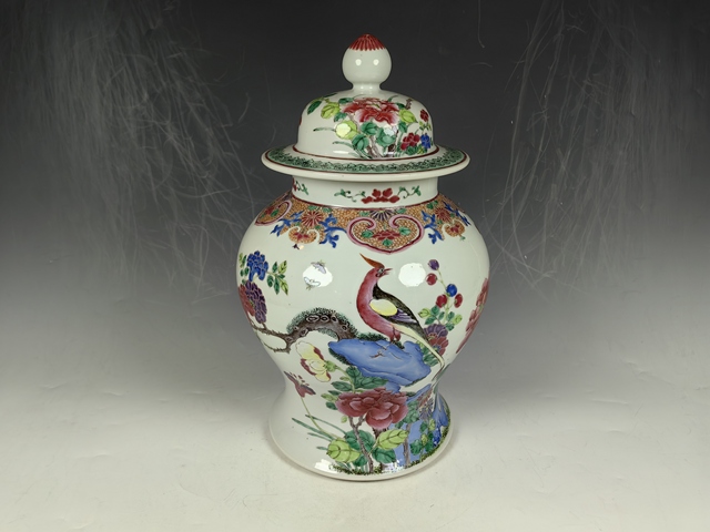 古玩陶瓷晚清洞石錦雞牡丹花卉蝴蝶紋粉彩將軍罐真品鑒賞圖