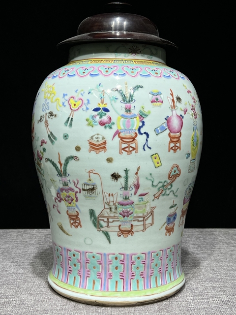 古玩陶瓷清晚期 粉彩博古紋將軍罐真品鑒賞圖