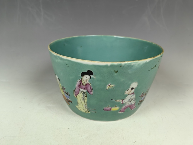 古玩陶瓷民國松石綠粉彩仕女嬰戲游園文房水呈真品鑒賞圖