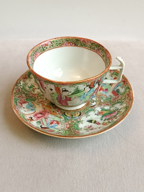 古玩陶瓷廣彩描金人物花卉紋杯碟拍賣，當前價格880元