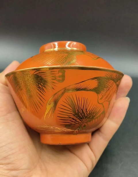 古玩陶瓷松鶴延年紋描金蓋碗拍賣，當前價格450元