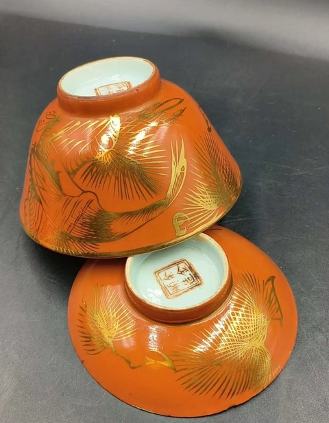 古玩陶瓷松鶴延年紋描金蓋碗拍賣，當前價格450元