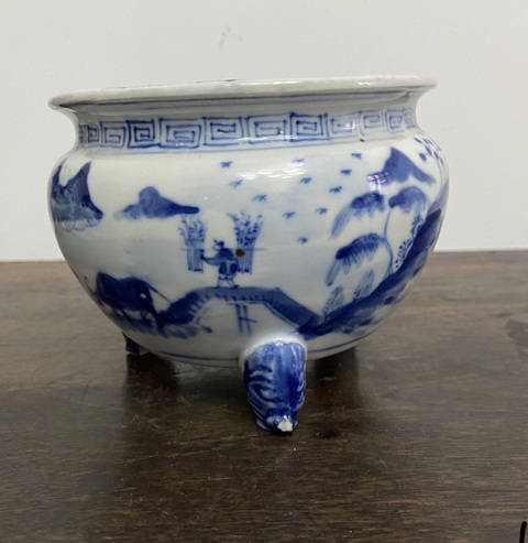 古玩陶瓷青花山水人物紋香爐真品鑒賞圖