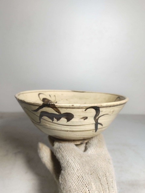 古玩陶瓷磁州窯白底黑花福字紋碗拍賣，當前價格150元