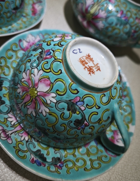 古玩陶瓷民國松石綠地寶相花茶具真品鑒賞圖