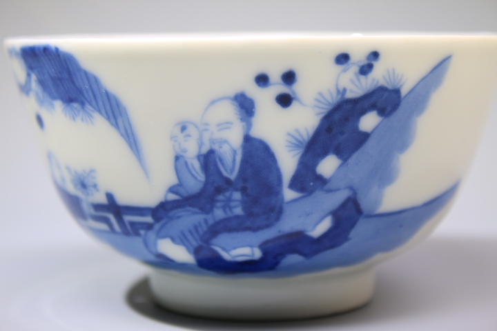 古玩陶瓷清晚期·青花老少同樂圖茶碗拍賣，當前價格936元