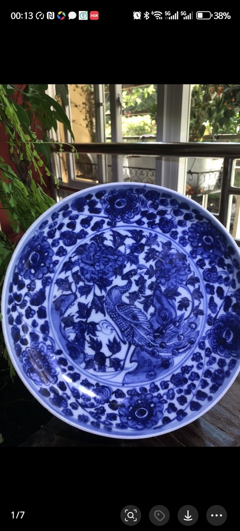 古玩陶瓷明成化孔雀牡丹圖青花盤真品鑒賞圖