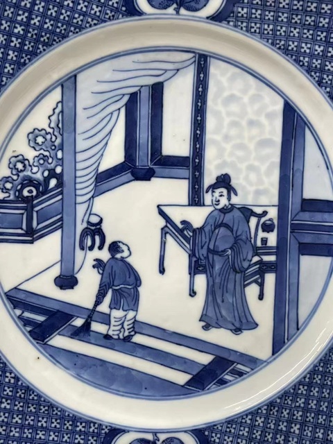 古玩陶瓷清中早·青花人物故事紋折沿盤 真品鑒賞圖
