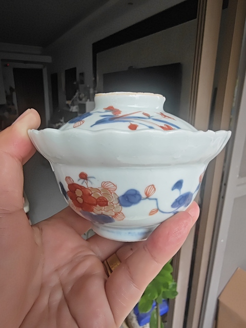 古玩陶瓷康熙青花礬紅描金花口蓋碗拍賣,當前價格600元