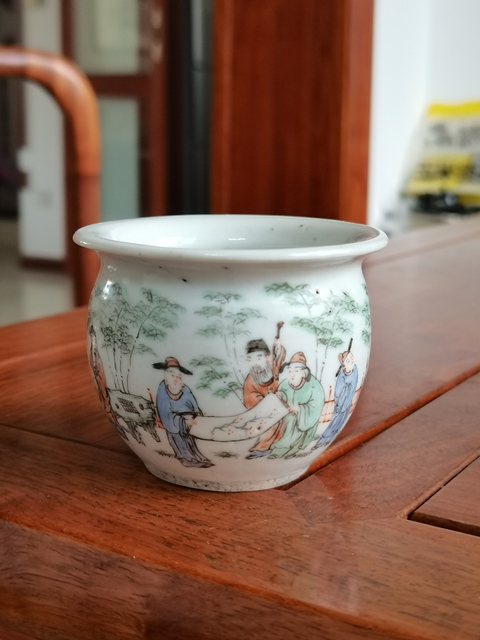 古玩陶瓷清晚期 粉彩竹林七賢鳥食缸拍賣,當前價格3180元