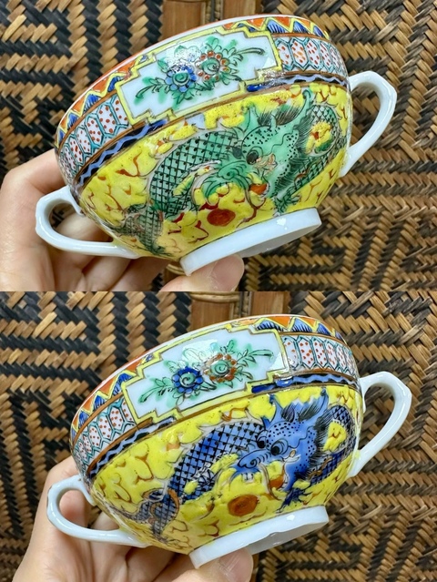 古玩陶瓷廣彩龍紋雙耳杯拍賣,當前價格380元