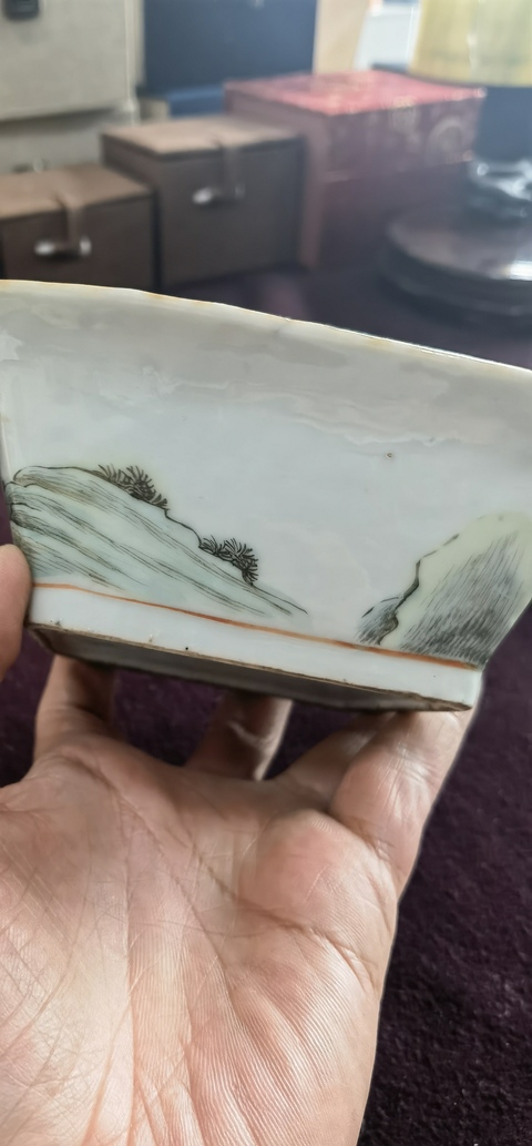 古玩陶瓷粉彩人物故事四方碗真品鑒賞圖