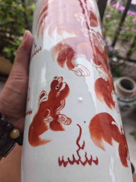 古玩陶瓷晚清礬紅獅子帽筒臺燈拍賣，當前價格1180元