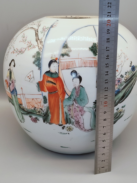 古玩陶瓷民國,雙玉讀曲紋粉彩詩文西瓜罐拍賣,當前價格760元