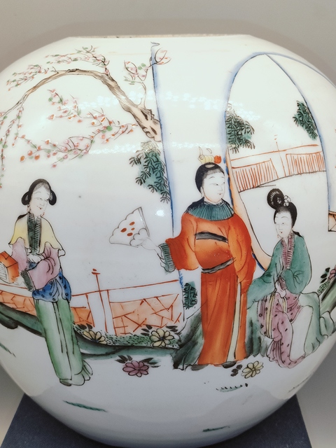 古玩陶瓷民國,雙玉讀曲紋粉彩詩文西瓜罐拍賣,當前價格760元