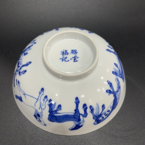 古玩陶瓷清晚青花八駿圖紋蓋碗拍賣，當前價格4800元