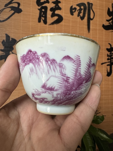 古玩陶瓷胭脂紅山水人物仰鐘杯（一對）拍賣，當前價格600元