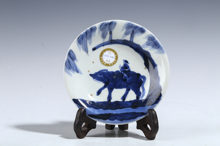 古玩陶瓷清道光·青花牧牛圖小盤真品鑒賞圖