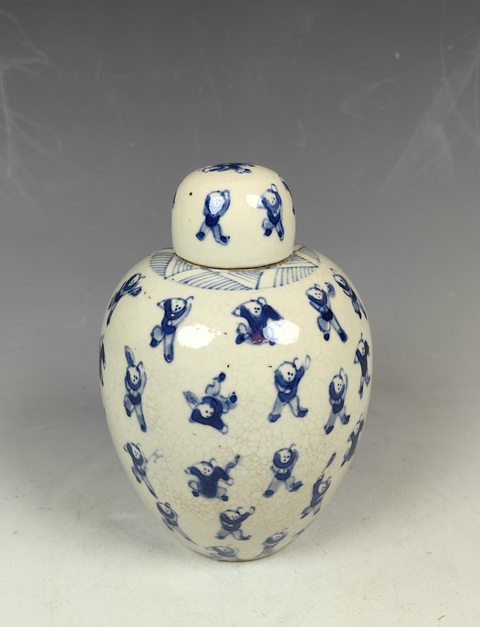 古玩陶瓷晚清青花百子圖煨瓷罐拍賣，當前價格4800元