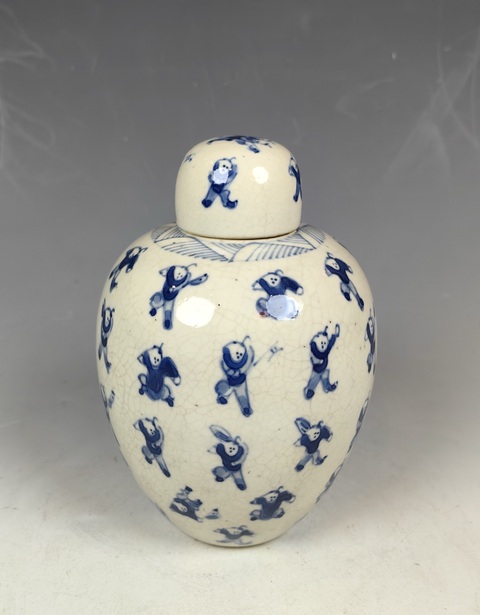 古玩陶瓷晚清青花百子圖煨瓷罐拍賣，當前價格4800元