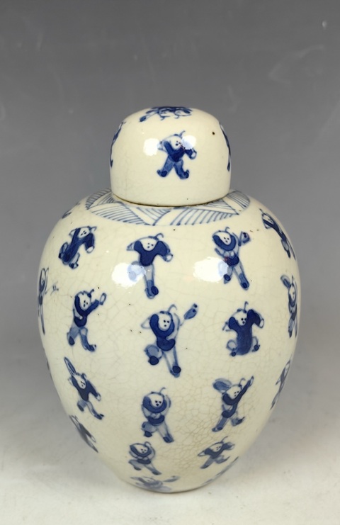 古玩陶瓷晚清青花百子圖煨瓷罐拍賣，當前價格4800元
