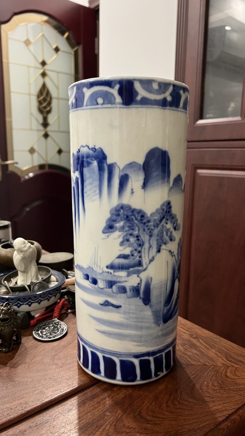古玩陶瓷民國山水紋青花帽筒拍賣,當前價格1399元