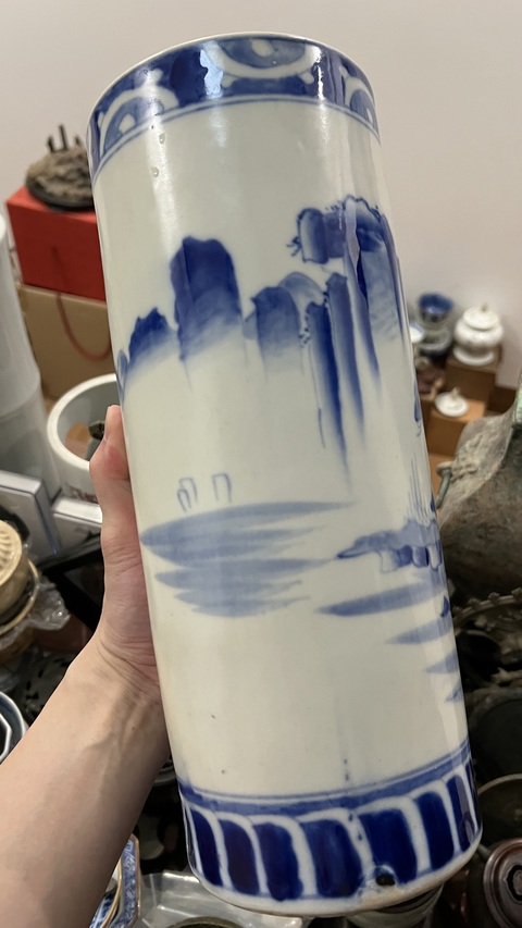 古玩陶瓷民國山水紋青花帽筒拍賣,當前價格1399元