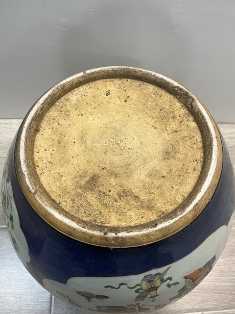 古玩陶瓷藍釉地開光五彩人物花鳥紋缸拍賣，當前價格45000元