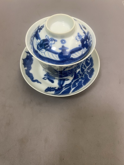 古玩陶瓷青花仙人乘槎圖蓋碗（附保真卡）拍賣，當前價格12000元