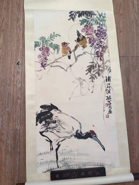 古玩字畫張世簡紫滕小鳥真品鑒賞圖