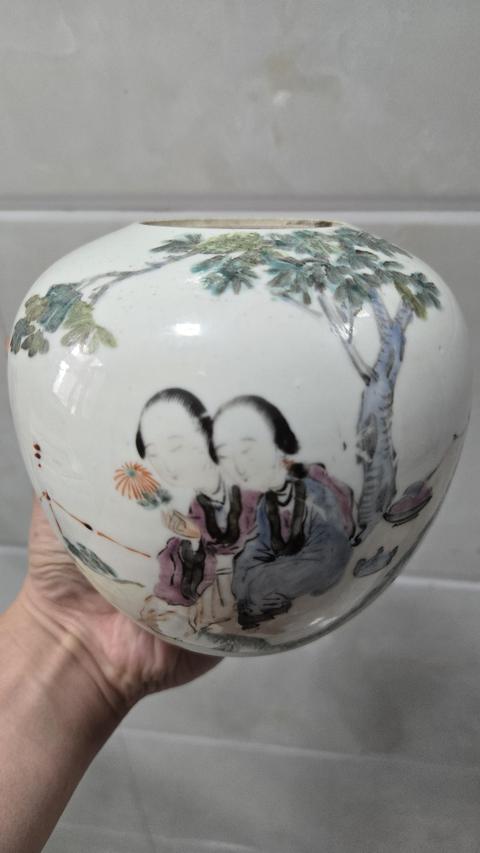 古玩陶瓷清光緒 少山繪淺絳二喬并讀蓋罐真品鑒賞圖