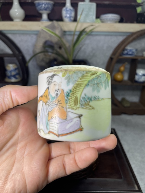 古玩陶瓷淺絳彩人物詩文蓋缸真品鑒賞圖