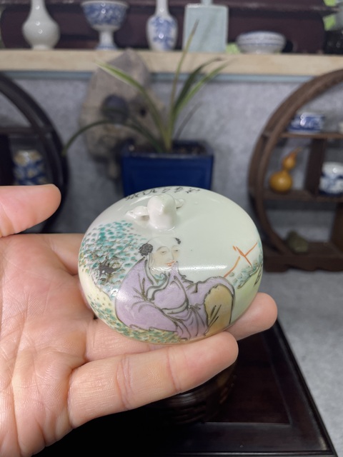 古玩陶瓷淺絳彩人物詩文蓋缸真品鑒賞圖