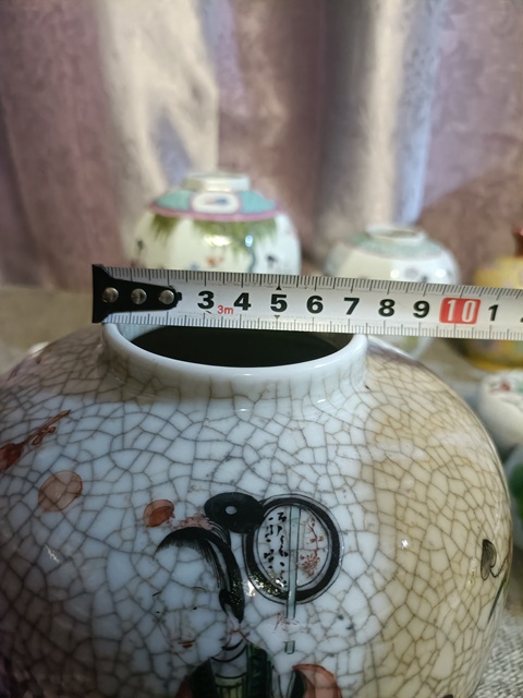 古玩陶瓷晚清哥釉五彩三娘教子圖罐拍賣，當前價格5888元