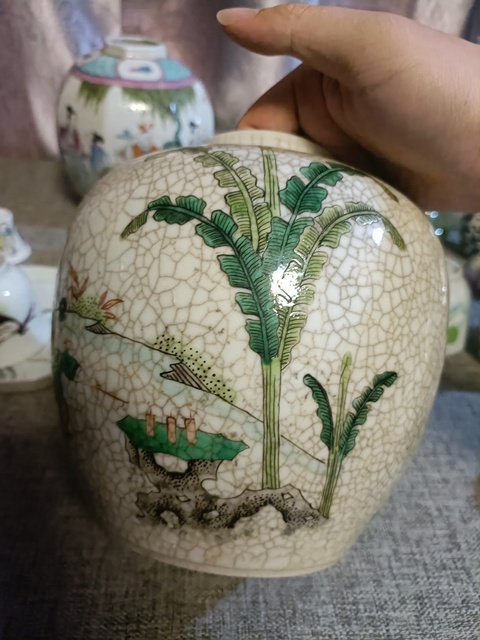 古玩陶瓷晚清哥釉五彩三娘教子圖罐拍賣，當前價格5888元