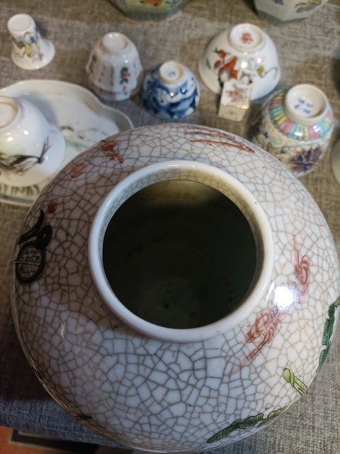 古玩陶瓷晚清哥釉五彩三娘教子圖罐拍賣，當前價格5888元