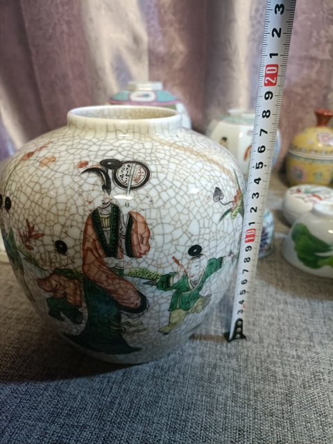 古玩陶瓷晚清哥釉五彩三娘教子圖罐拍賣，當前價格5888元
