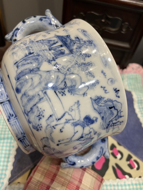 古玩陶瓷日本青花山水人物雙耳爐真品鑒賞圖